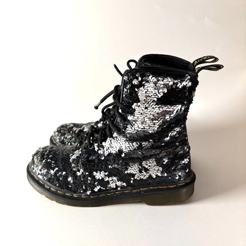 Vintage Dr. Martens Black Silver Sequin Combat Boots | Y2K Docs